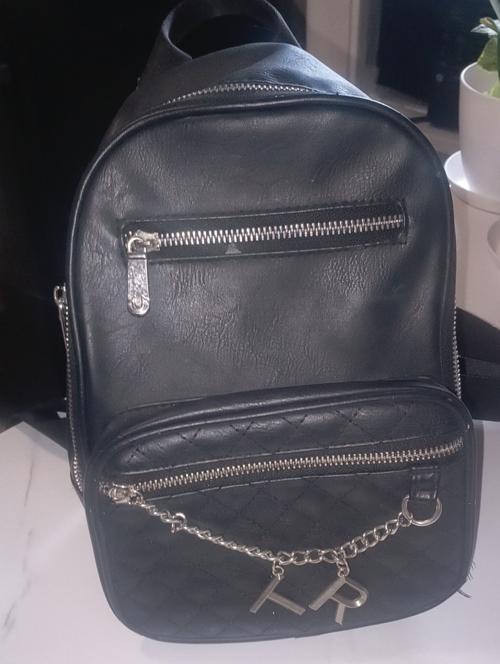 Women's Black Quilted Faux-Leather Backpack with Silver Chain Detail